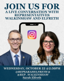 Graphic promoting a live conversation between Representatives Walkinshaw and Elfreth on federal workers