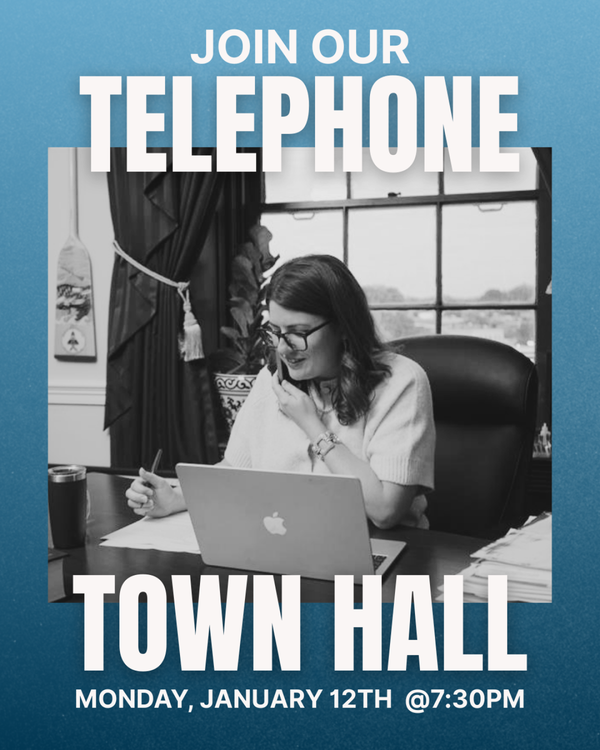 Image of Congresswoman Elfreth on the phone, it reads "Join our telephone town hall Monday, January 12th at 7:30 PM"