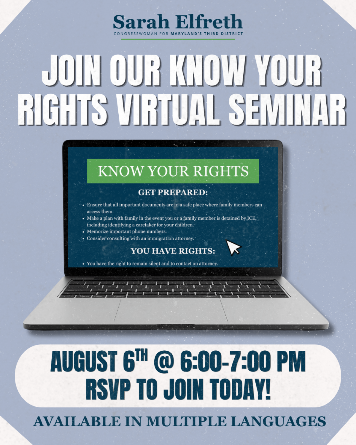 Join Our Know Your Rights Virtual Seminar flyer August 6th @6:00-7:00PM