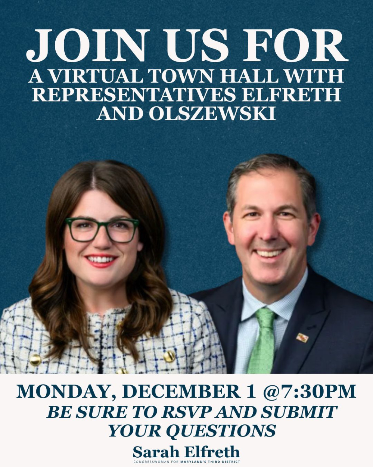 Promotion graphic for virtual town hall with Congresswoman Elfreth and Congressman Johnny Olszewski