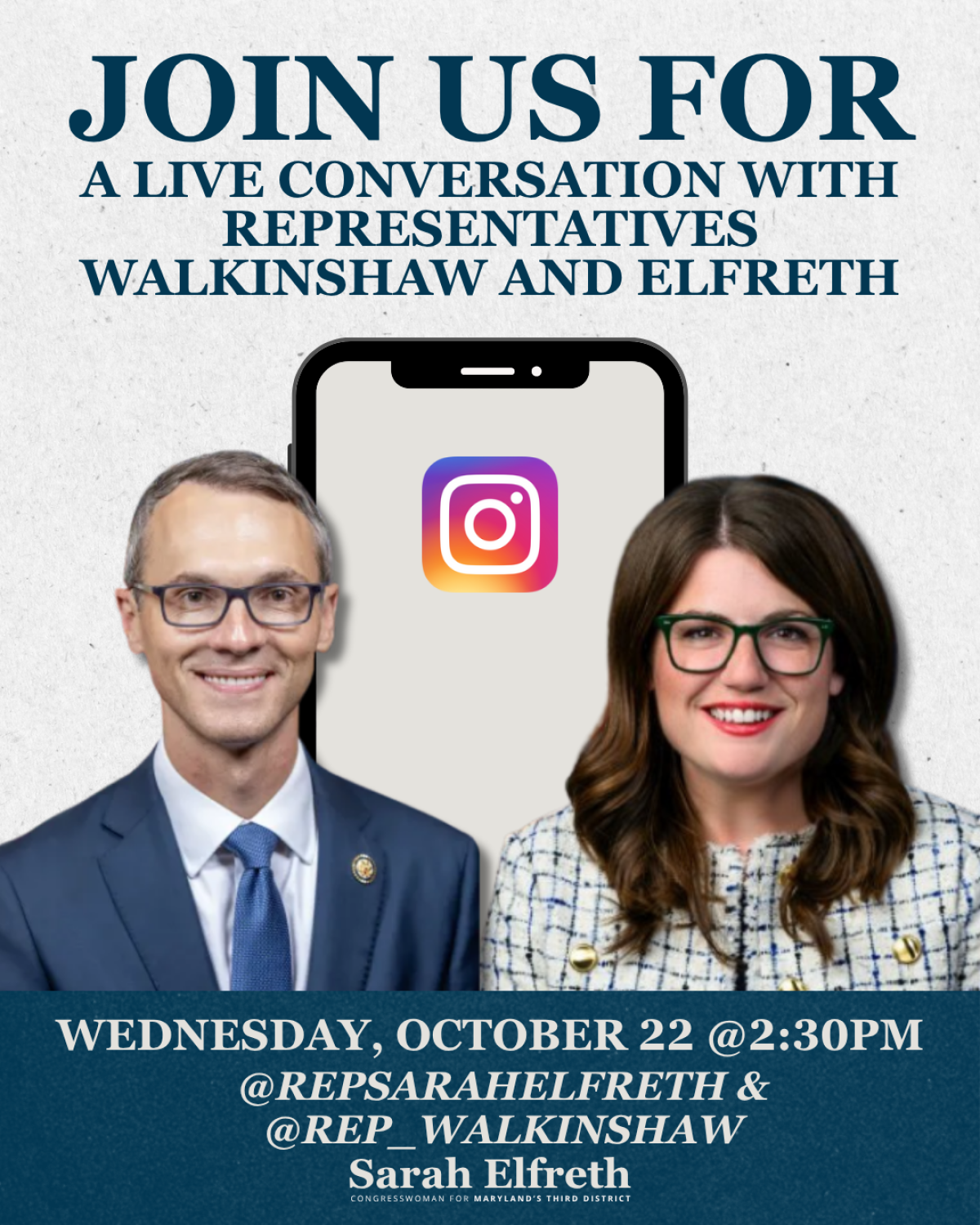 Graphic promoting a live conversation between Representatives Walkinshaw and Elfreth on federal workers